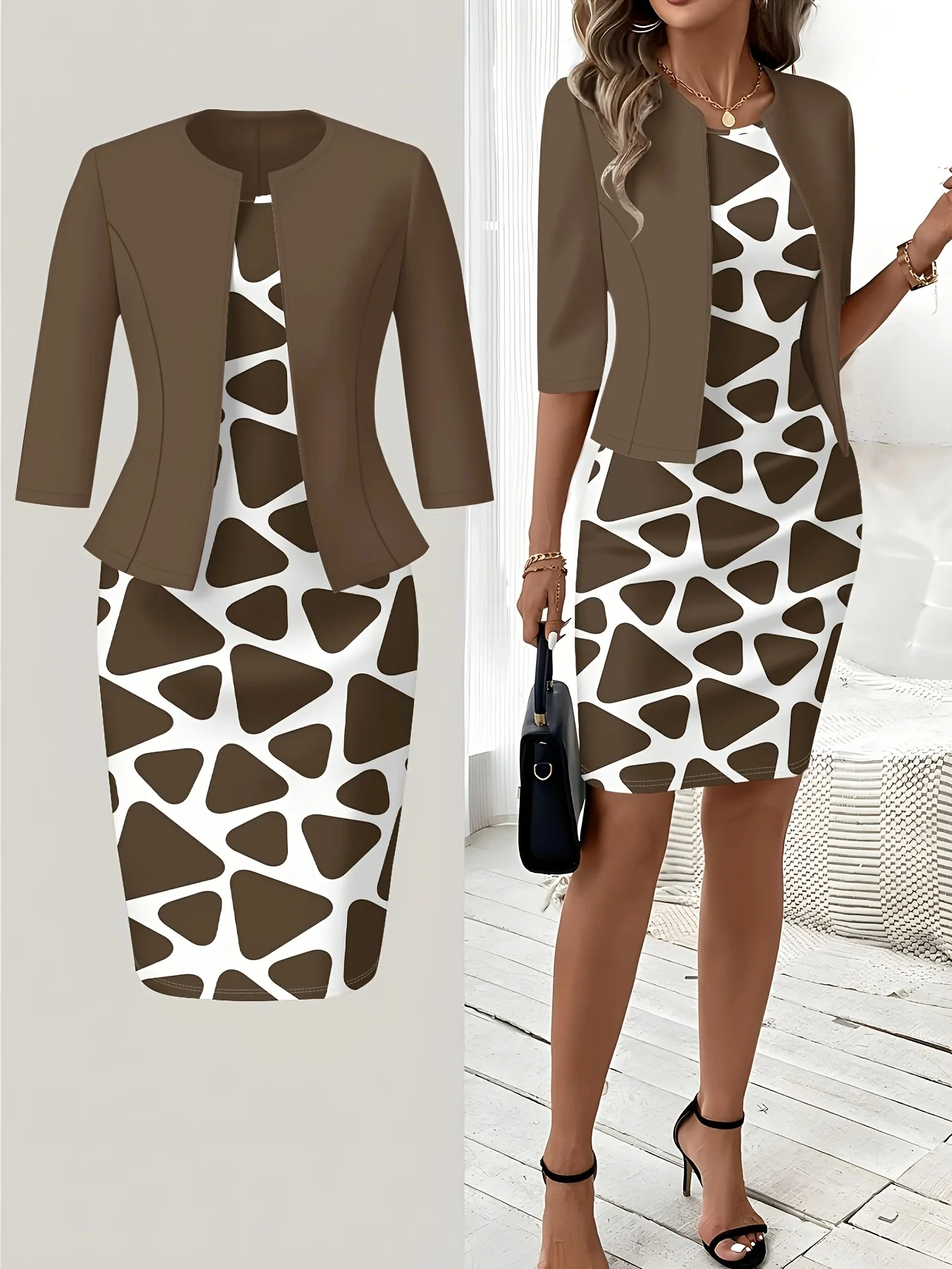 Print Design Casual Style Geometric Triangle Print Round Neck Tank Dress Set