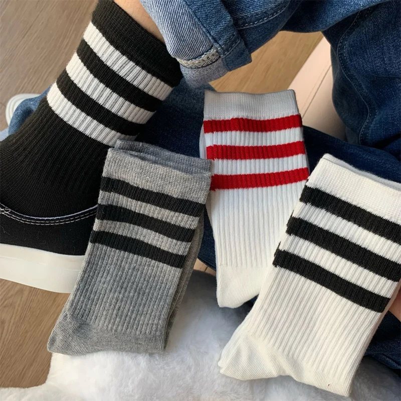 1-3pairs Solid Color Stripe Socks Women Simple Sports Crew Skateboard Mid Tube Sock Unisex Breathable Cotton Knitted Long Sox