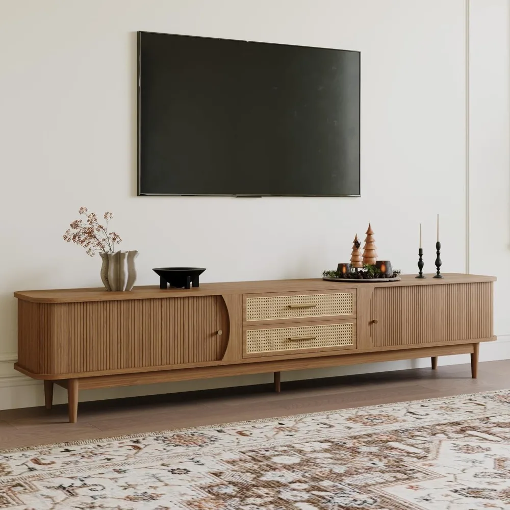 

Mid-Century Modern Entertainment Center with Roller Doors and Rattan Woven, Walnut TV Console Table, Solid Wood Media Cabinet