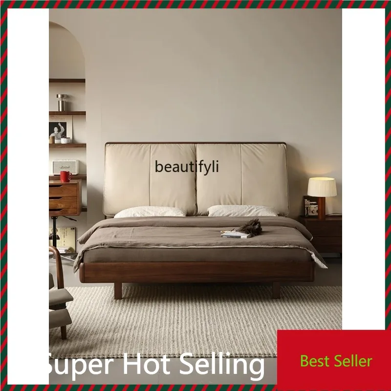 

K132 Black walnut full solid wood bed modern simple 1.8 meters double bed leather soft bag suspended master bedroom bed