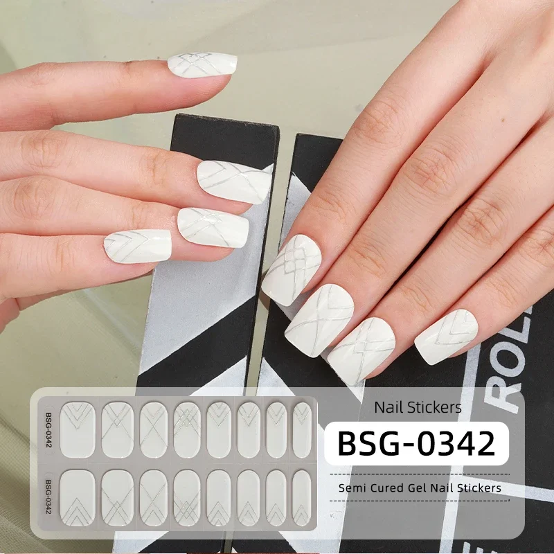 White Edge Semi-Cured Gel Nail Wraps Full Adhesive Waterproof Long Lasting Gel Nail Stickers set for UV Lamp Need French Tips