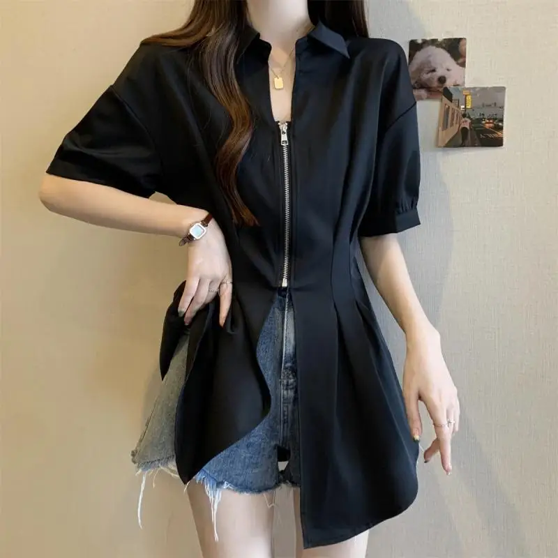 Lapel Collar Fashion Zipper Short Sleeve Women Summer Large Size Corset Age Reduction Temperament Solid Color Loose Casual Tops