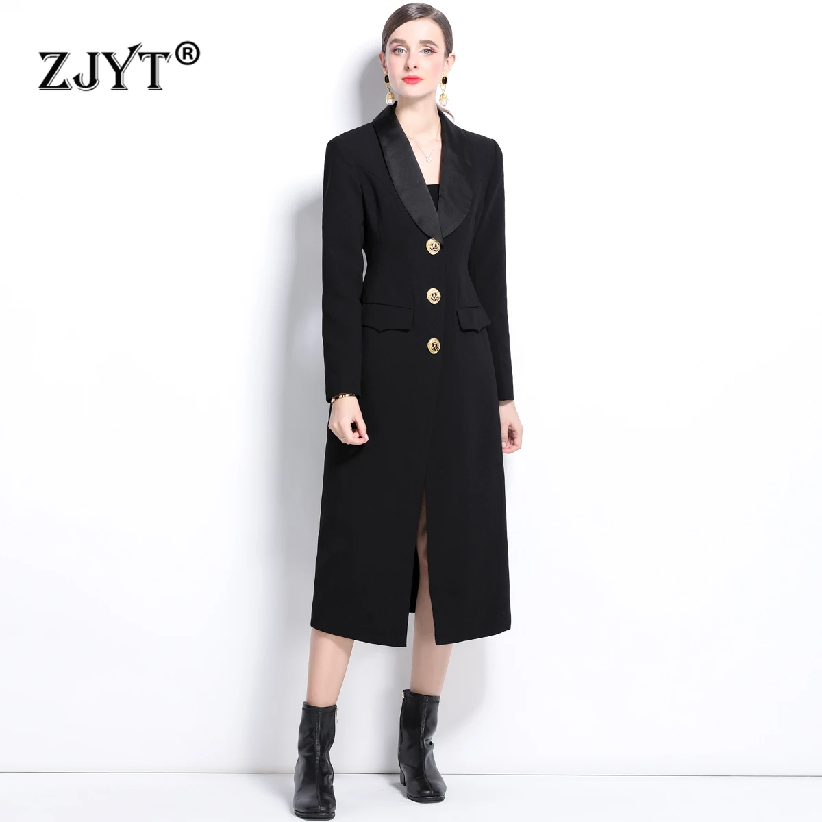 

ZJYT Autumn Winter Single Breasted Long Trench Coat for Women 2024 Elegant Black Windbreaker Jacket Female Outerwears