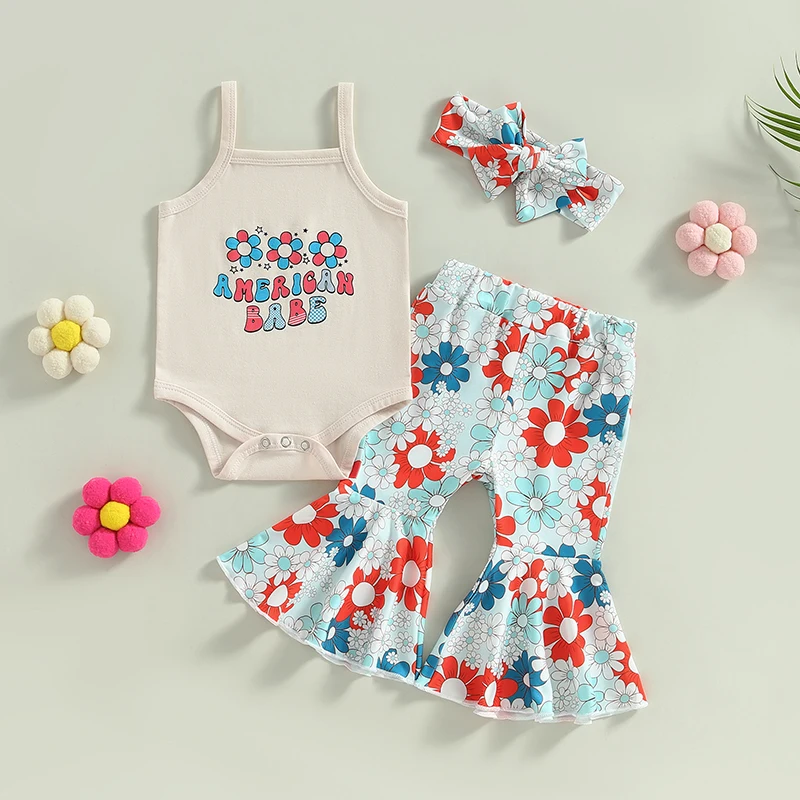 4th of July Baby Girl Clothes Sleeveless Strap Romper Tank Top American Flag Bell Bottoms Headband 3Pcs Patriotic Set