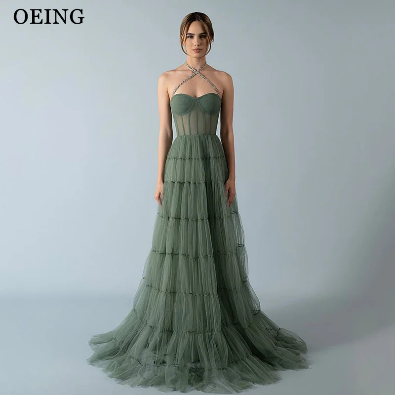 

OEING Elegant A-Line Green Prom Dress Halter Sweetheart Draped Illusion Party Gowns Floor-Length Evening Dress Customized