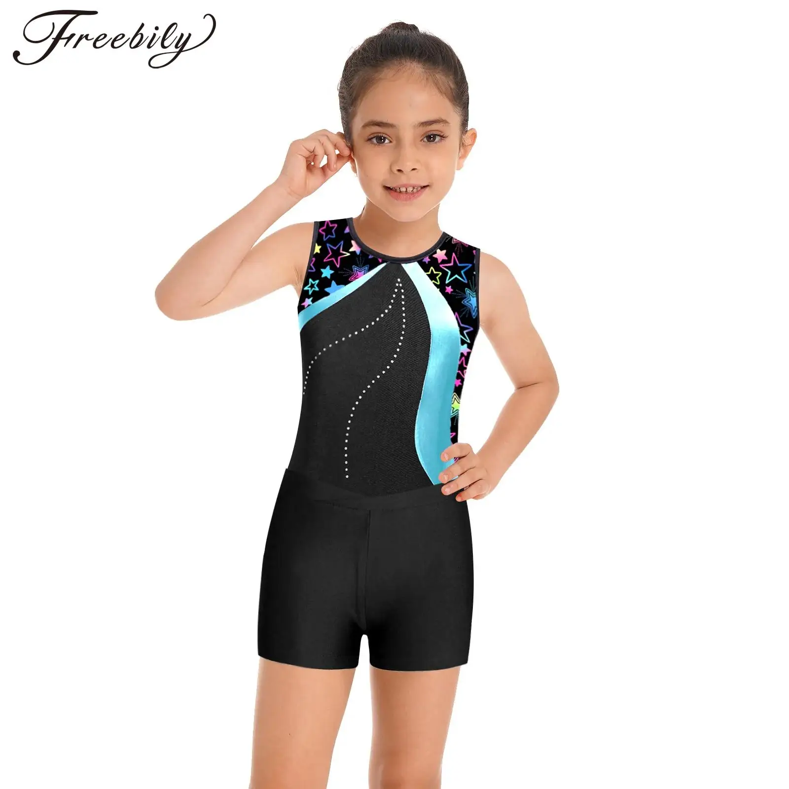 Kids Girls Ballet Dance Gymnastics Leotard Sleeveless Printed Bodysuit with Shorts Sports Yoga Fitness Outfit Swimwear Dancewear