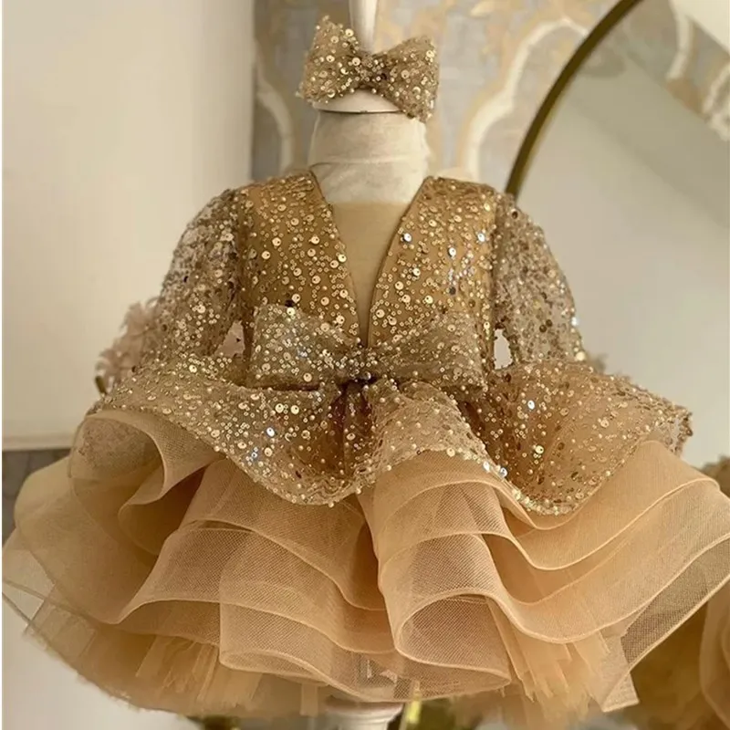 Christmas Princess Dress For Girls Children Costume Long Sleeve Sequin Wedding Evening Vestidos Kids Girl Birthday Party Dresses