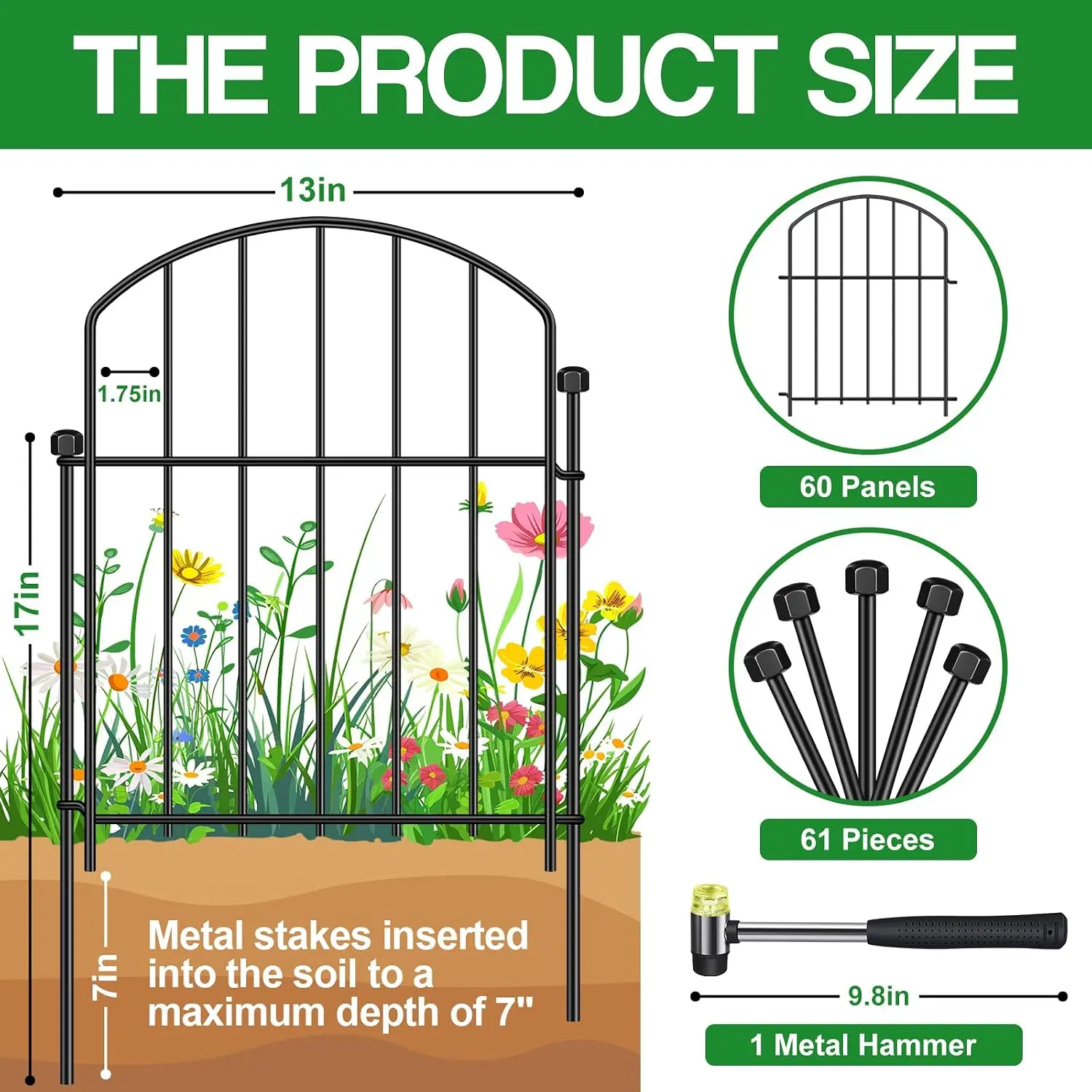 Decorative Garden Fence, 60-Pack No Dig Animal Barrier for Yard Edging | Animal Barrier Garden Fence, 17 in x 16 ft Rustproof