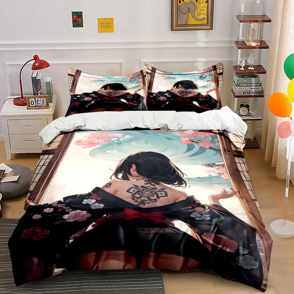 Kimono-clad woman with tattoos and blossoms Print Bedding Set 1 Duvet Cover 2 Pillowcases for Adult and Children Luxury Gift