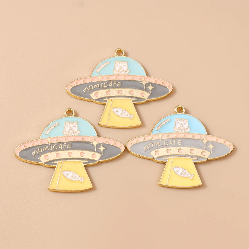 Leslie 10pcs Enamel Metal Cat Alien ET Spaceship Charms Pendants for Earrings Keychain Jewelry Making Diy Accessories