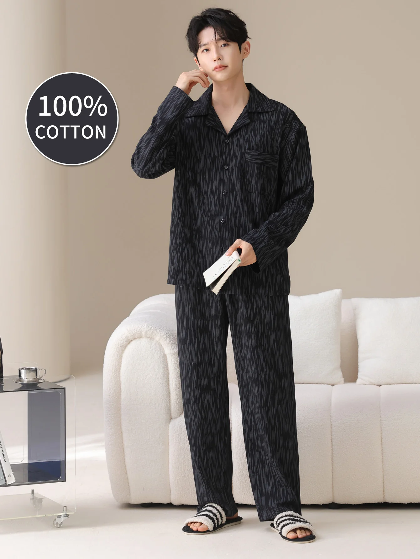ملابس نوم رجالية 100% قطن بأكمام طويلة للفصول الأربعة مقاس كبير، طقم بدلة منزلية من القطن الخالص للمراهقين للدفء