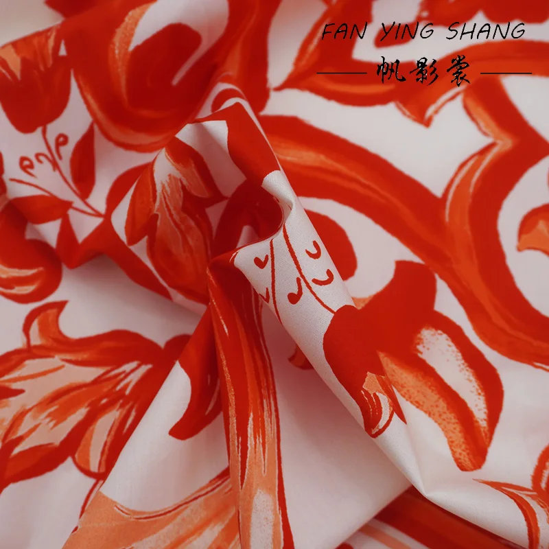 87.5*145CM/Piece Orange Red Vintage Ornate Border Pattern Baroque Scroll Floral Poplin Cotton Cloth Soft Designer Fabric Sewing