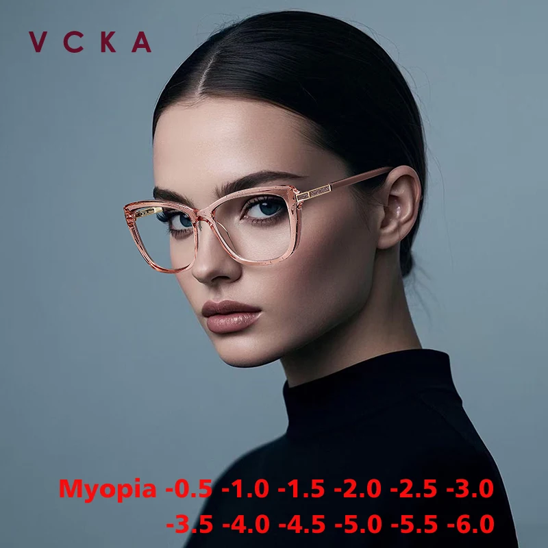 

VCKA Высокое качество кошачий глаз модные очки для близорукости оправа женские TR90 анти-синий свет пользовательские очки по рецепту от -0,50 до -6,0