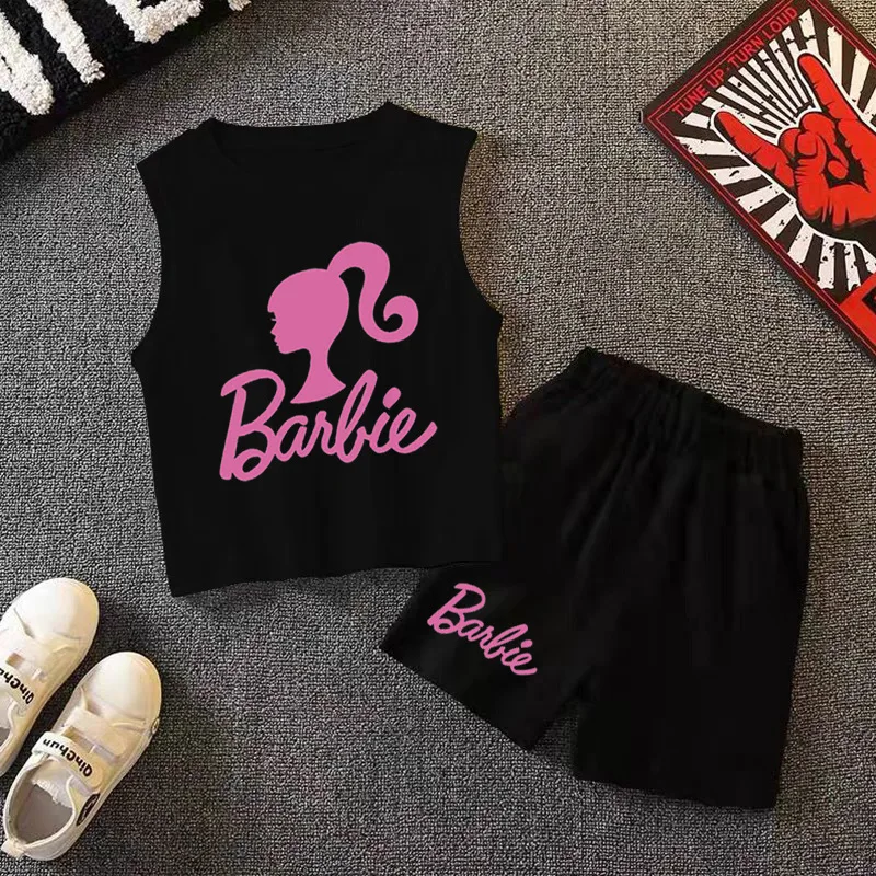 Conjunto de shorts e mangas curtas da Barbie, camisetas dos desenhos animados kawaii, moda verão, tops Y2K, roupas de alta qualidade, presentes, novo, 2 peças