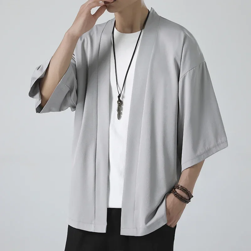 Spring Summer Men's Japanese Kimono Shirts Casual Open Stitch Lightweight Fashion Solid Three Quarter Loose Couple Shirts M-5XL