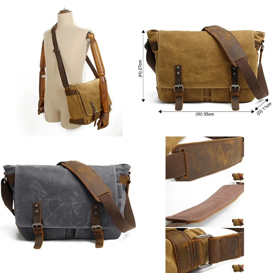 

HuaChen Mens Messenger Bag, Vintage Genuine Leather Waxed Canvas Shoulder Bag for 14" Laptop, Rugged Briefcase Satchel