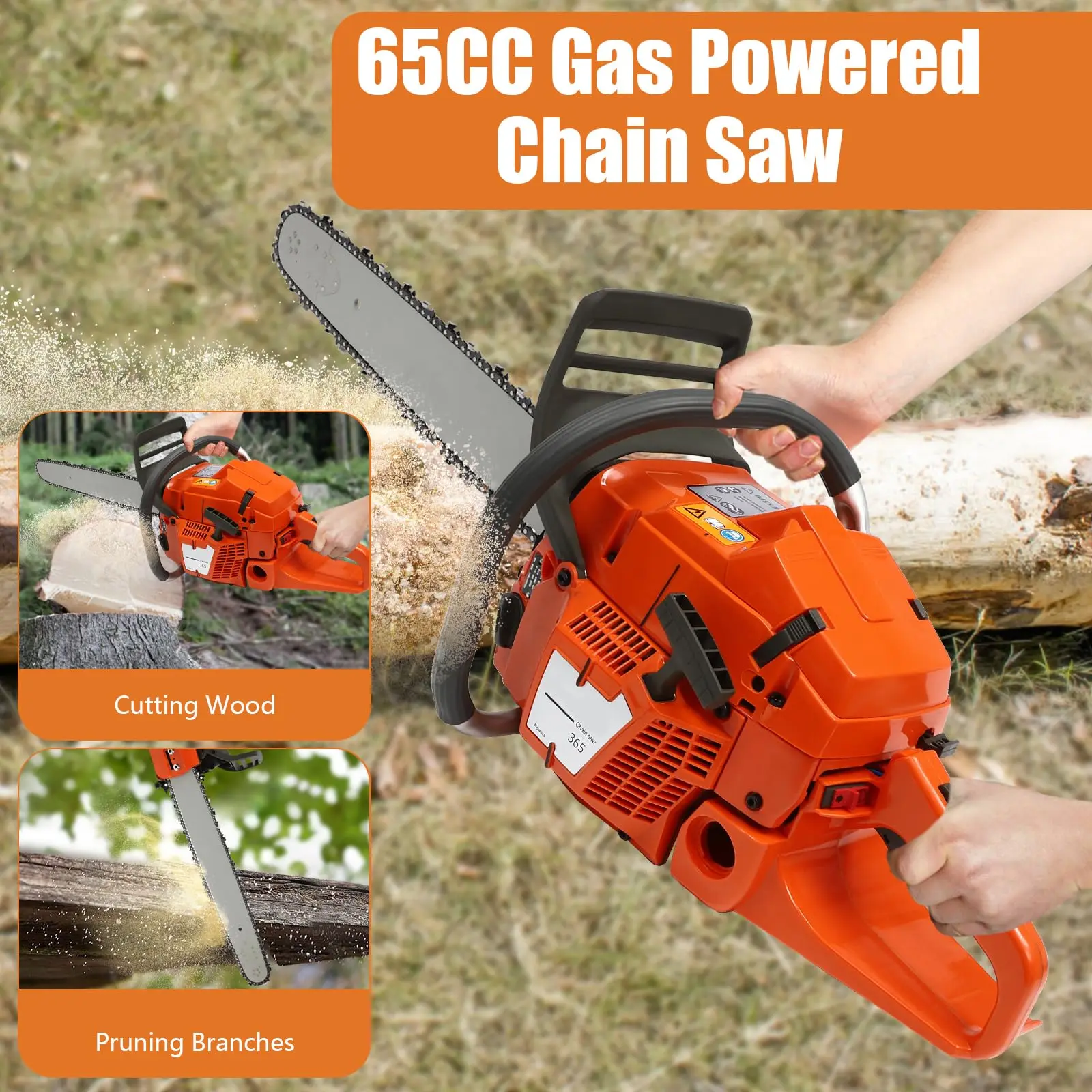 24インチガソリン式チェーンソー、65cc 2700Rpm 2ストロークガソリンエンジン、ゴーグルとグローブ付きハンドヘルドガソリンチェーンソー、プルスタート
