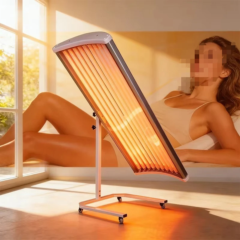 Household vertical sunbathing box with timer and eye protection