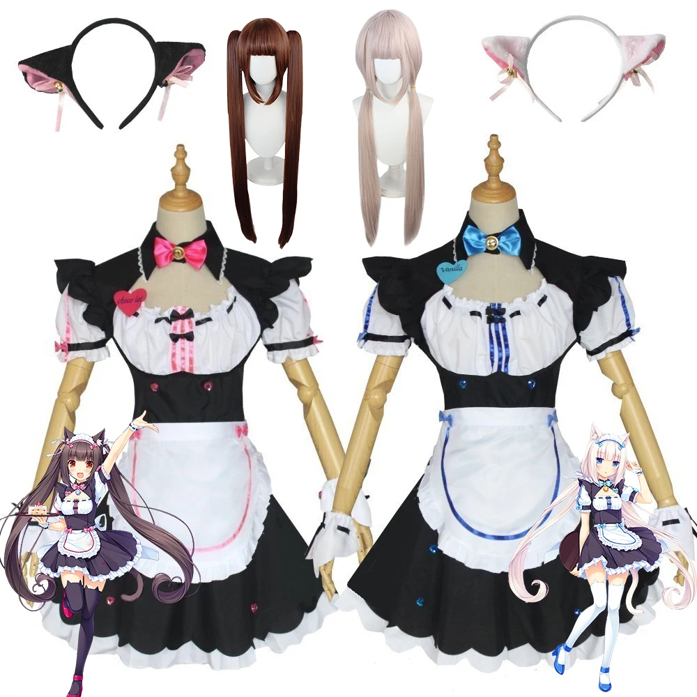 Vanille Cosplay Kostüm Perücke Anime Spiel Nekopara Chocola Cosplay Dienst mädchen Kleid Dienst mädchen Outfit Uniform Halloween Kostüme für Frauen