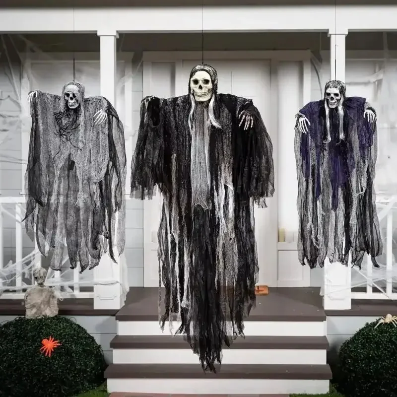 200cm Large Hanging Halloween Skeleton Ghosts Decorations Sound Control Light Up Terrifying Clown Death God Outdoor Decoration