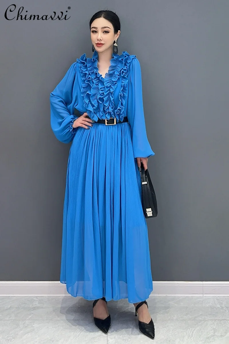 

2024 Summer New Fashion Long Sleeve Solid Color Fluted Collar Long Dress Vacation Style Loose Elegant Slim-fit Ol Women Dress