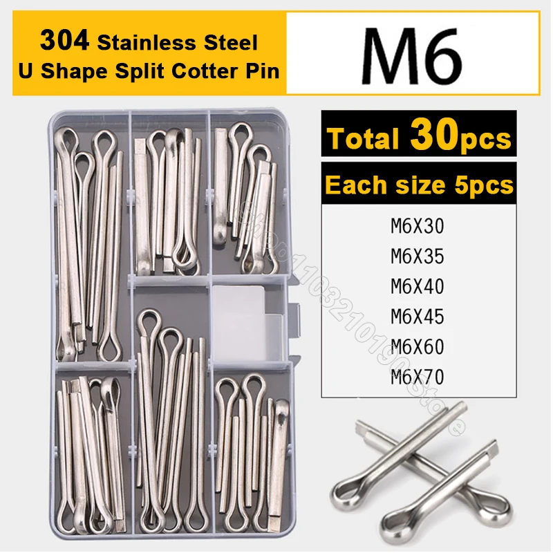 30Pcs M6 Stainless Steel U Shape Spring Cotter Hair Pin Steel Pins Set Split Clamp Open Elastic Clip Fixings GB91 Assortment Kit