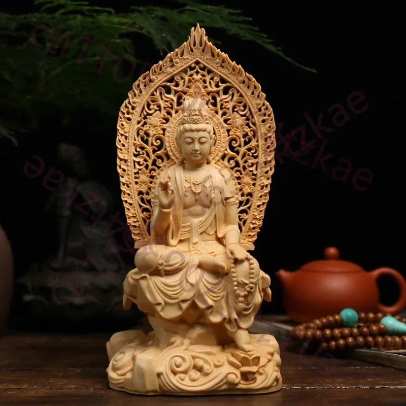 Hand Carved Hinoki Wood Wooden Seated Guanyin Kuan Yin Bodhisattva Statue Figurine w/ Mandala Backlight