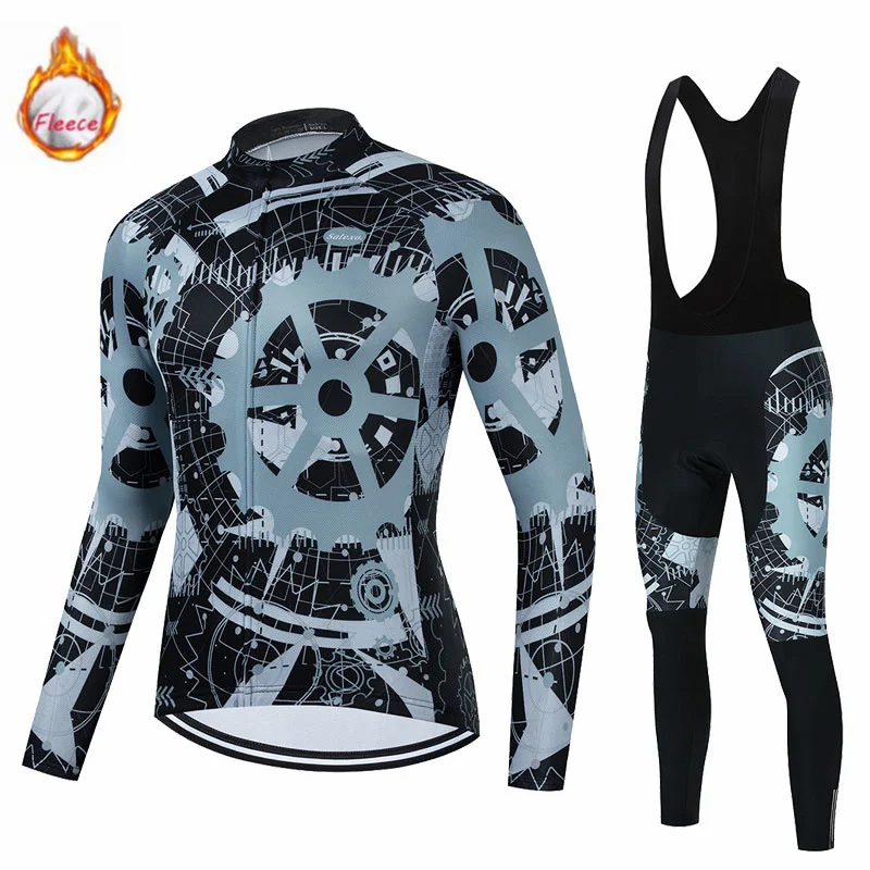 2025 Winter Thermal Fleece Long Sleeve Cycling Jersey Set Men's Outdoor Riding MTB Bib Pants  Cycling Clothing Bicycle Uniforme