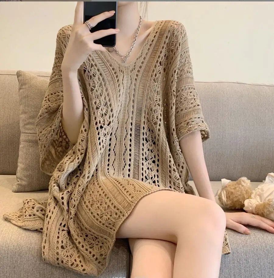 

Korean Fashion Hollow Out Knitted Tops Women's Summer Oversized T-shirt All-Match Oversized Vacation Beach Knitted Sweater Women