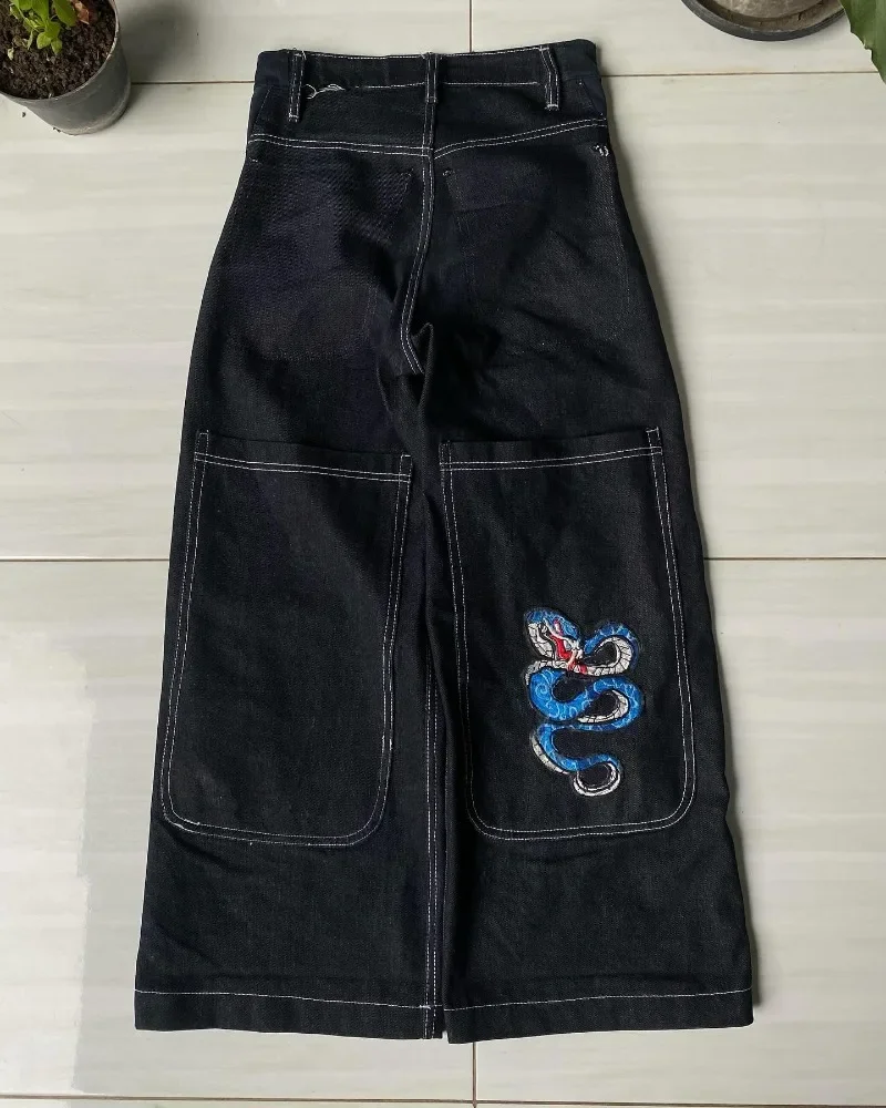 Y2K JNCO high quality Embroidered Hip Hop baggy jeans Tribal Jeans Gothic Streetwear Harajuku Black Pants Waist Wide Leg Trouser