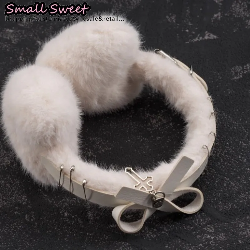 فاسق القوطية دبوس برشام الجلود القوس غطاء للأذنين الأبيض أفخم ثقافة فرعية Y2K فتاة الصليب حماية الشتاء غطاء للأذنين طوي الأذن الدافئة