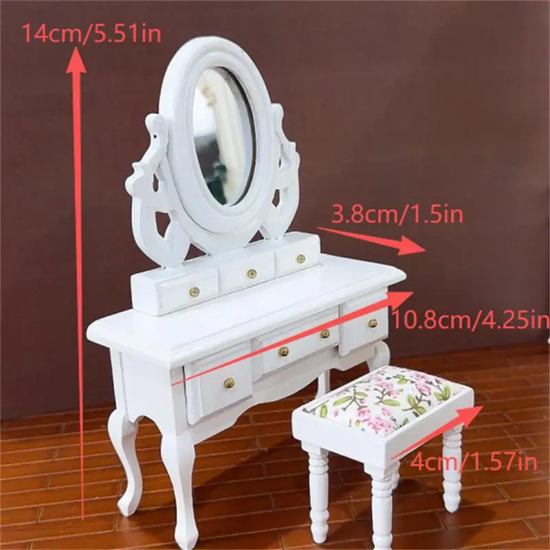 1:12 escala casa de bonecas em miniatura quarto penteadeira com espelho vaidade mesa e fezes modelo móveis para fingir jogar brinquedos