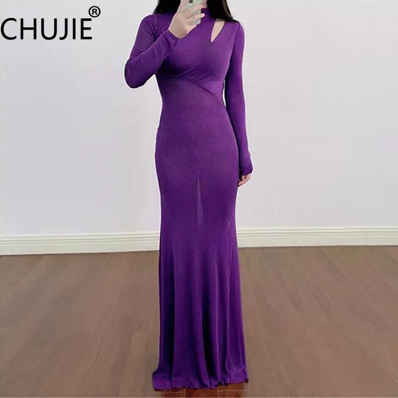 

2025 Early Autumn French Style Purple Knit Dress - Sexy Cut-Out Bodycon, Slim Fit Long Elegant Dress, Viscose Blend