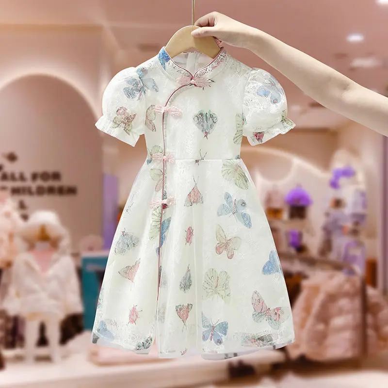 

Girls' Dress Summer 2023 New Children's Hanfu Network Red And Western Qipao Chinese Style Princess White Chiffon Dress Primary