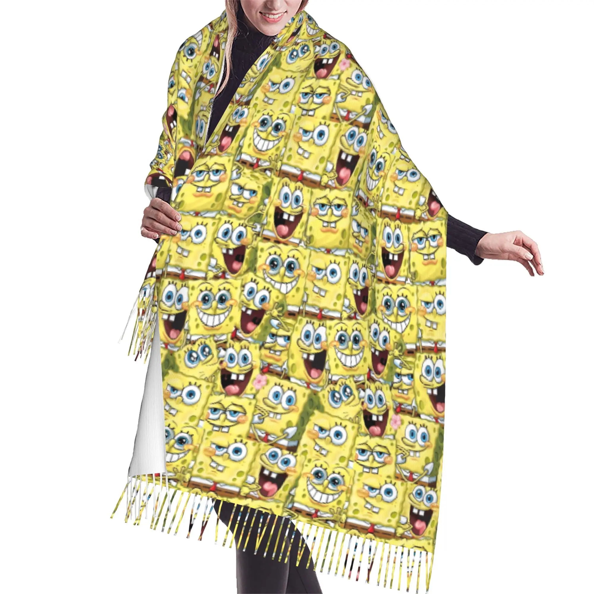Custom Lady Large S-Sponges Anime Bobes Scarves Women Winter Thick Warm Tassel Shawl Wraps Starfish Cartoon Scarf