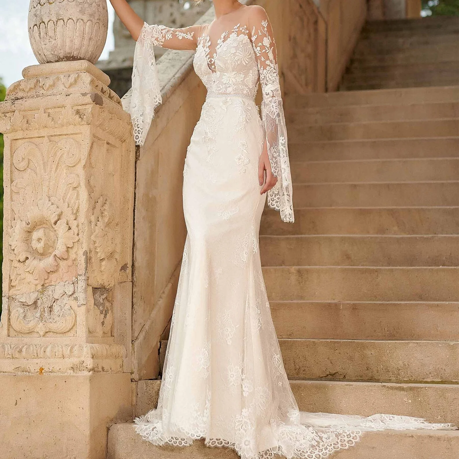 Vestidos de novia elegantes de sirena de manga larga de encaje con forma de corazón vestidos de novia personalizados