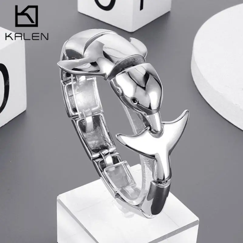 KALEN Chunky Polished Dolphin Bracelet Men Special Stainless Steel Stone Animal Shark Accessory Personalized Thick Trend Jewelry