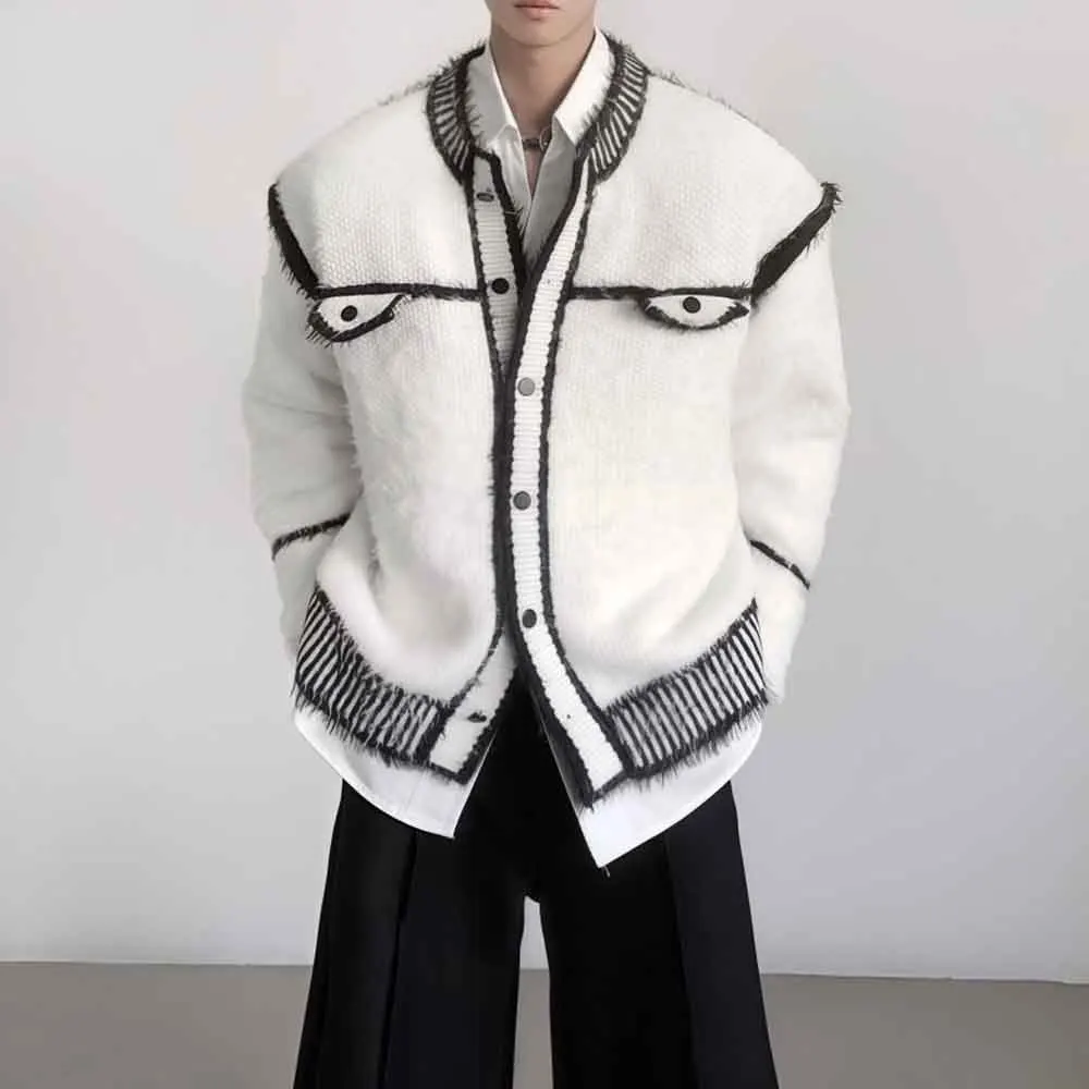 Winter New Male Color Block Long-Sleeved Cardigan Sweater American Retro Fashion Trend High Street Casual Loose Niche Men's Top