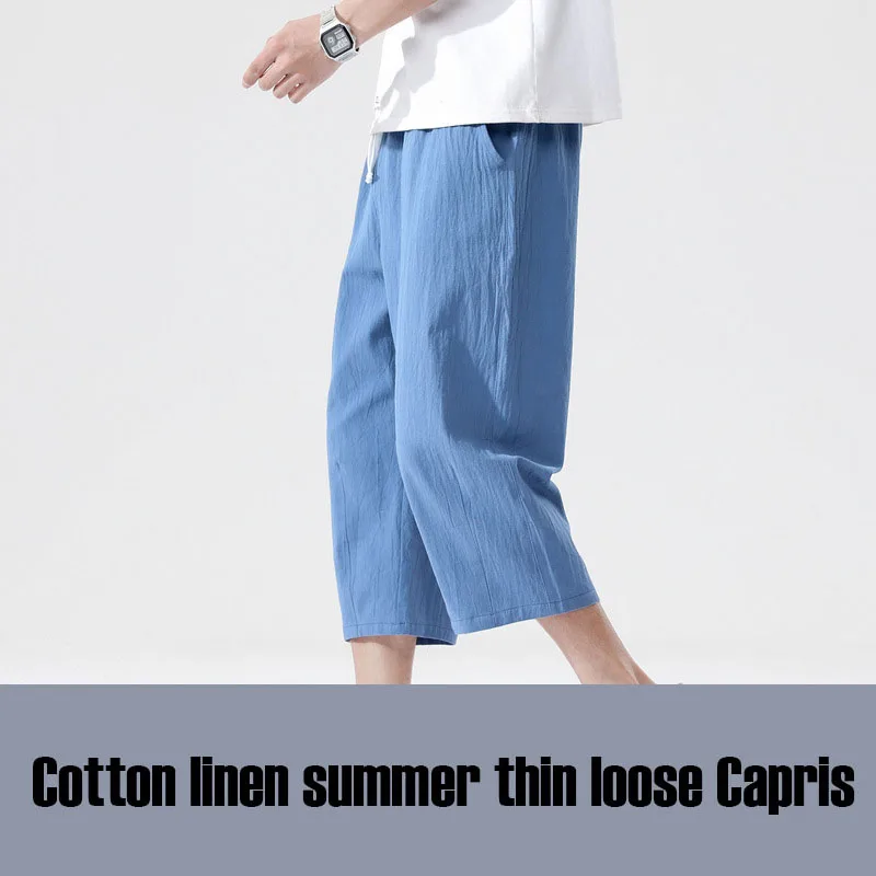 Casual Linen Capri Long Shorts Loose Fit Men's Cotton Linen Harem Shorts Below Knee Baggy Capri Yoga Fitness 3/4 Pants