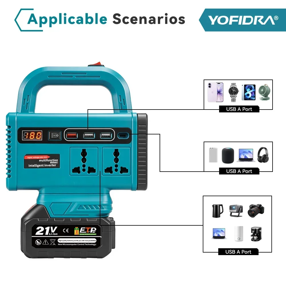 YOFIDRA 350W Kabelloser Stromwandler DC 18V-21V zu AC 220V Lithium-Batterie-Wechselrichter mit Dual-USB-Ladeanschluss für Makita-Akkus – Detail 8