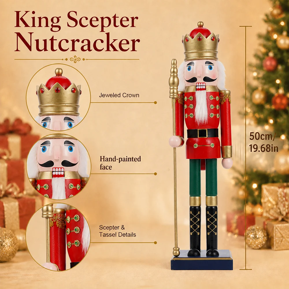 1pcs 50cm Holzpuppe Nussknacker Umhang König Skulptur Weihnachts puppe rot Handwerk Neujahr Dekoration Handwerk Ornament Geschenke – Detail 6
