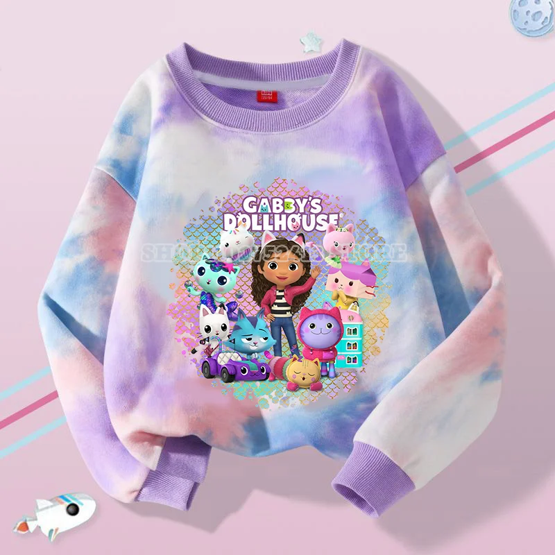 Gabby Dollhouse-Sudadera de dibujos animados para niños, ropa Tie-dye bonita, Tops de cuello redondo de moda para niño y niña, primavera y otoño, nueva ropa