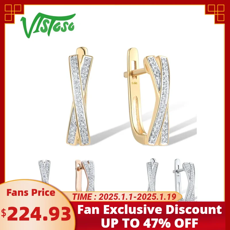 VISTOSO Earrings For Women Genuine 14K 585 Rose White Yellow Gold Sparkling Diamond Exquisite Anniversary Wedding Fine Jewelry