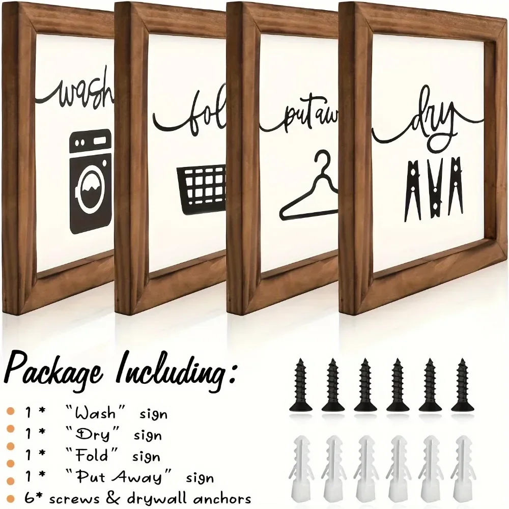4-Piece Rustic Wood Signs for Laundry Room - Charming Farmhouse Decor with Wall Hanging Design - Cozy Home Accent