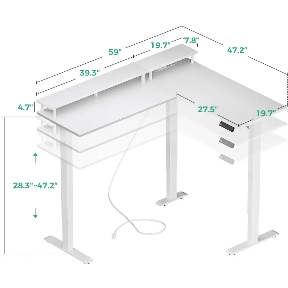 L-Shaped Computer Desk with Monitor Stand, Power Outlets, Height Adjustable, Large Lift Table, Electric Standing Desk