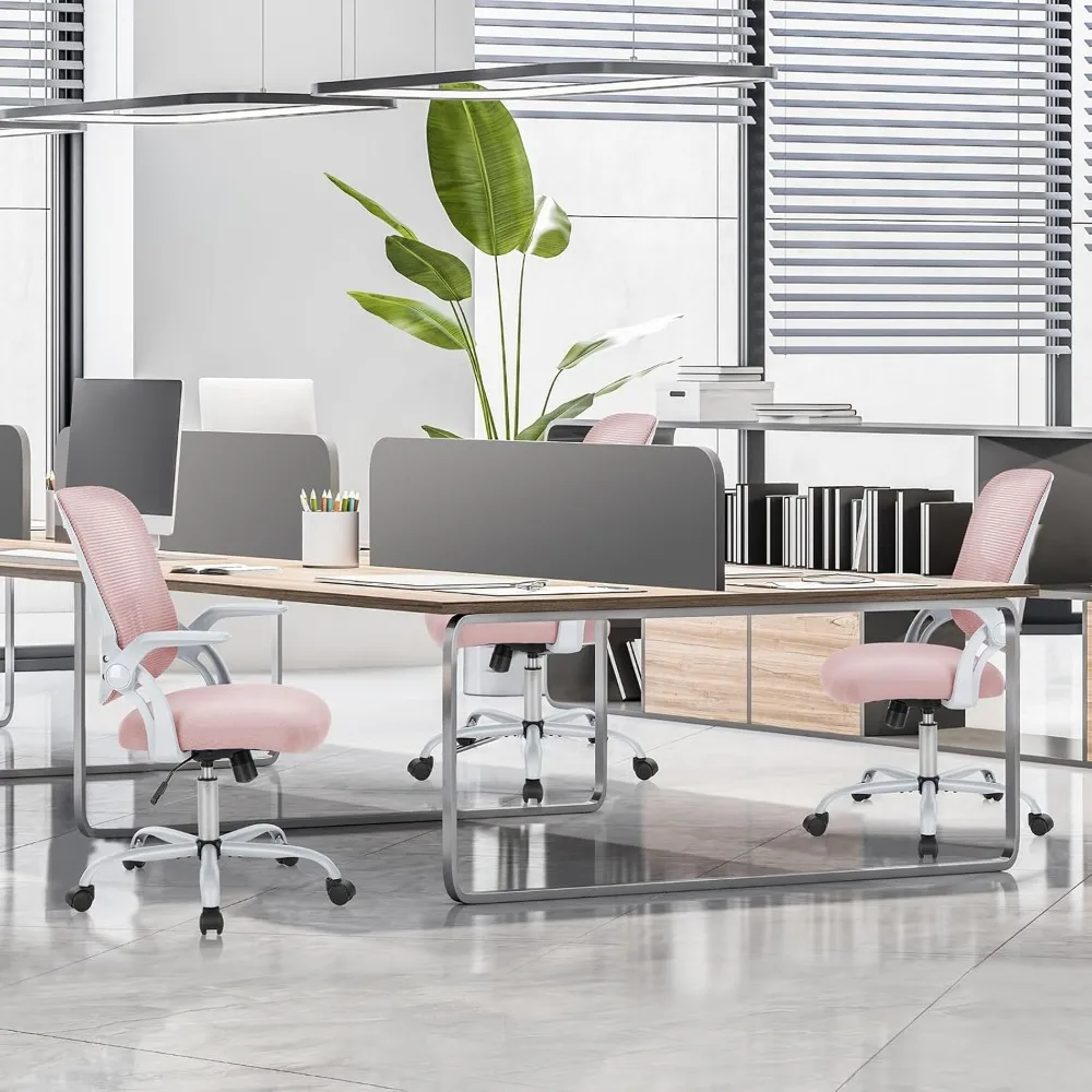 كرسي مكتب شبكي مريح مع دعم قطني، وأذرع قابلة للطي، وعجلات دوارة لطلاب دراسة الألعاب المنزلية باللون الوردي