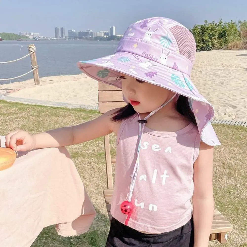 Summer Baby Sun Hat Bucket Cap With Whistle For Girls Boys Outdoor Neck Ear Cover Anti UV Kids Beach Caps