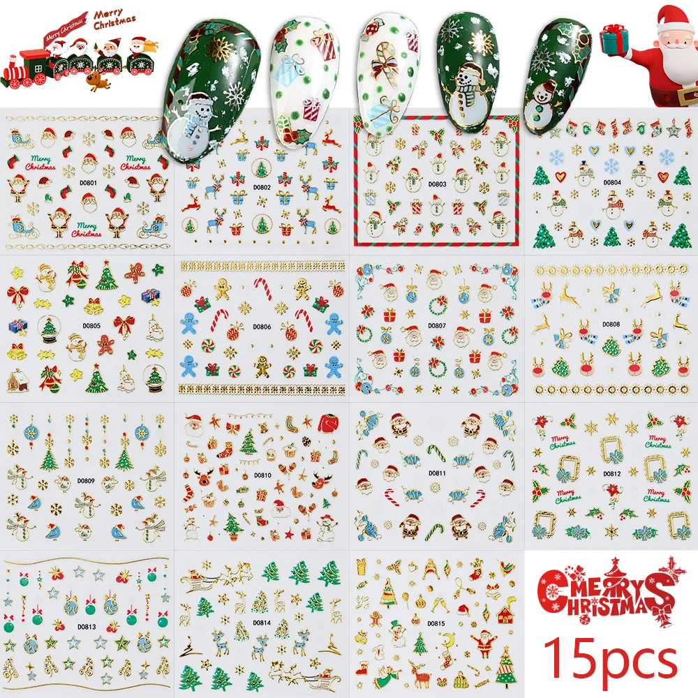 12/15/30 Stuks Kerst Kerstman/Elanden/Sneeuwvlok Nail Sticker 3D Cartoon Leuke Kerst sticker Zelfklevende Leuke Kerst Sliders