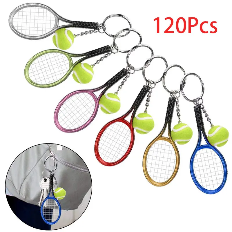 120Pcs Tennis Keychain Pendant Sports Tennis Racket Keyring Plastic Keychain Accessories Gifts Wholesale