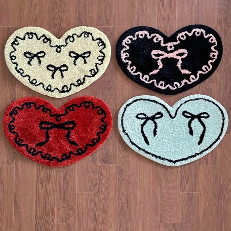 Luxury Ins Flocked Heart Design Doormat Plush Bedroom Area Rug Super Absorbent Bathroom Mat Non-Slip Floor Carpet